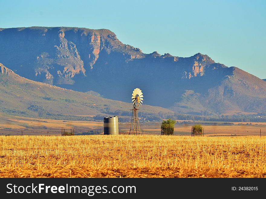 Landscape with water pump windmill on cattle farm westerncape south africa