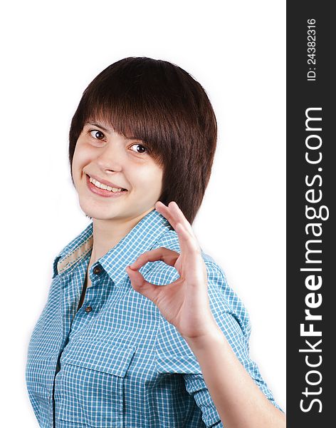 Young happy woman showing ok sign isolated on white background