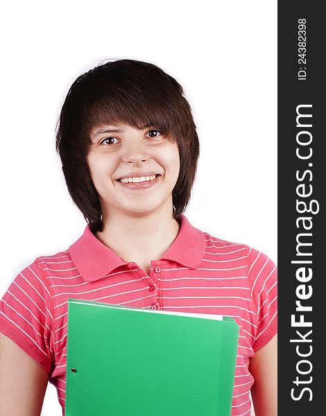 Happy teenager portrait isolated on white background, student with folder. Happy teenager portrait isolated on white background, student with folder