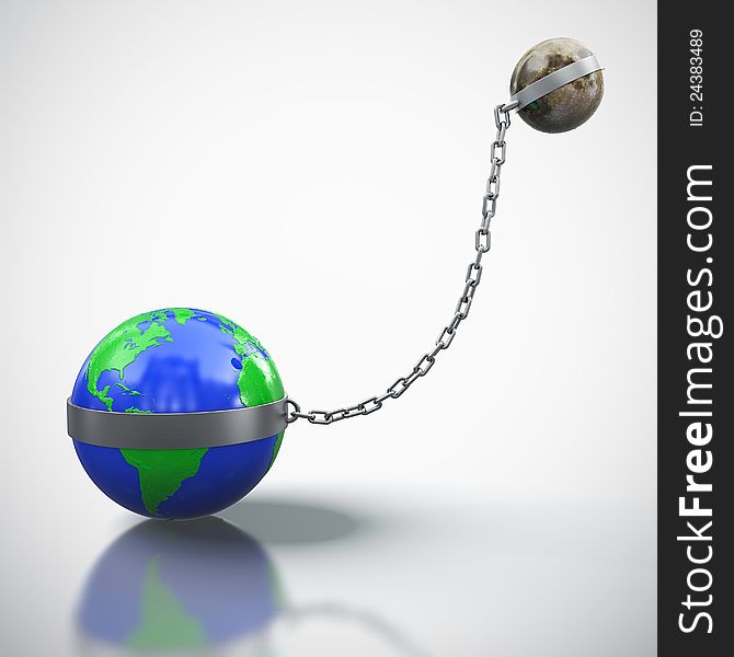 3D render of Earth linked with Moon  on white background