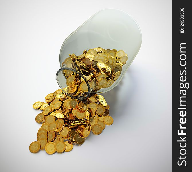 3D render of glass jar full of golden coins. 3D render of glass jar full of golden coins.