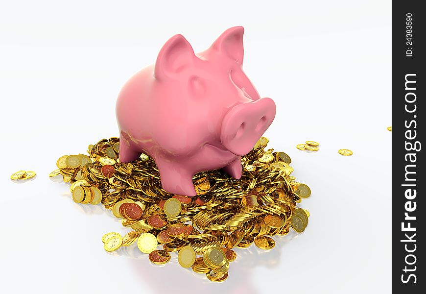 3D render of piggy bank on top of golden coins stack
