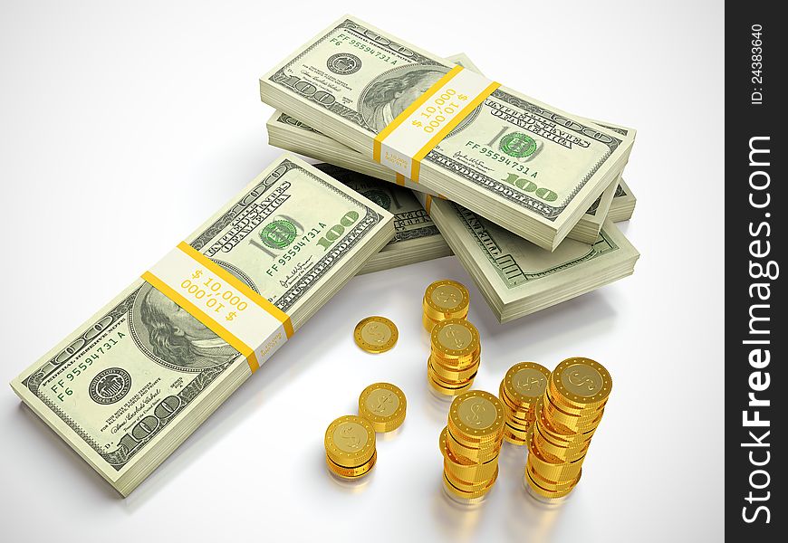 3D render of dollars and golden coins stack. 3D render of dollars and golden coins stack.