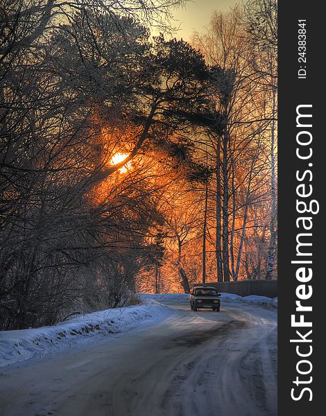 Country road covered with snow. Winter. Frost. Country road covered with snow. Winter. Frost.