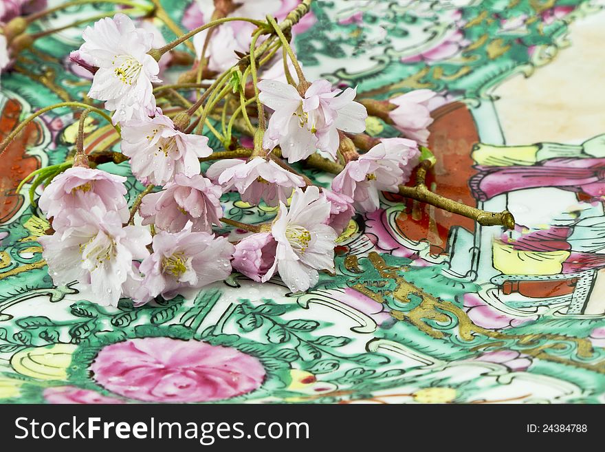 Cherry Blossoms On Asian Plate