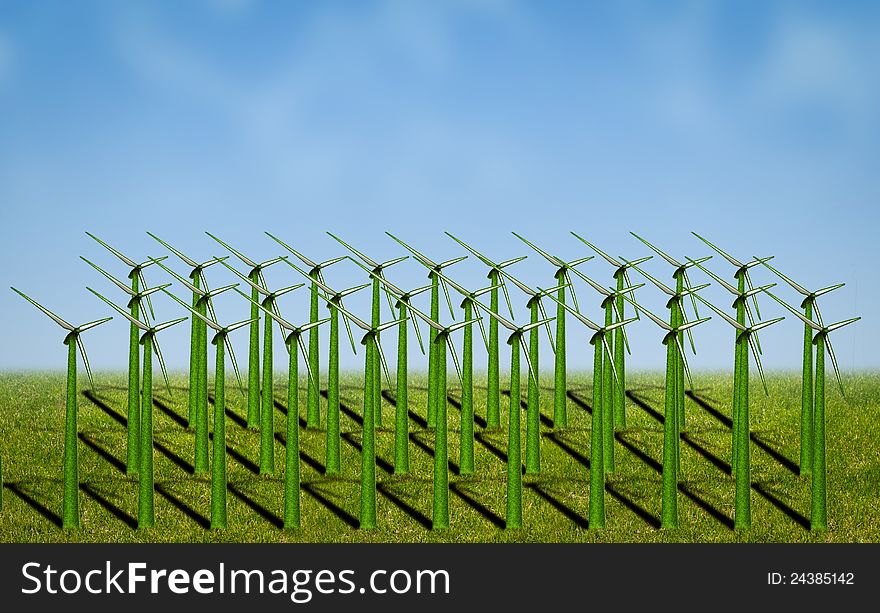 Wind turbines covered with grass in a field. Wind turbines covered with grass in a field