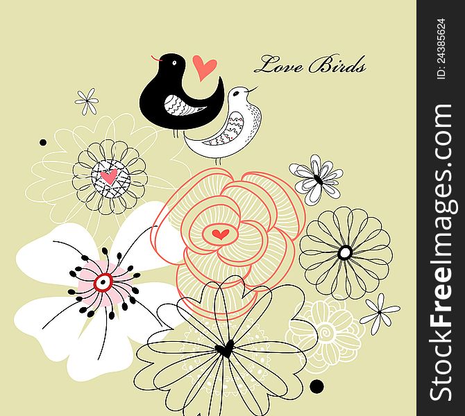 Graphic floral background with birds in love. Graphic floral background with birds in love