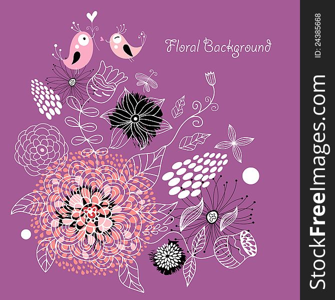 Purple background with white flowers and birds in love. Purple background with white flowers and birds in love