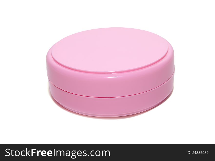 Pink cream plastic can on white background