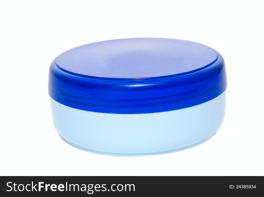 Blue plastic cream can on white background