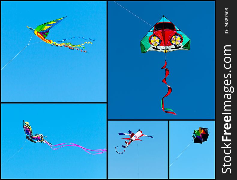 Collection of kites being flown against clear blue skies. Collection of kites being flown against clear blue skies.