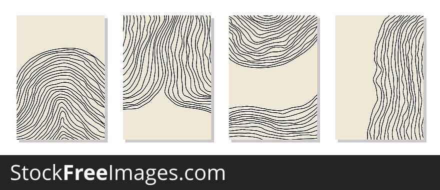 Set of 4 wall art posters, brochure, flyer templates. Single organic line abstract shape drawn, hand drawn design, simple