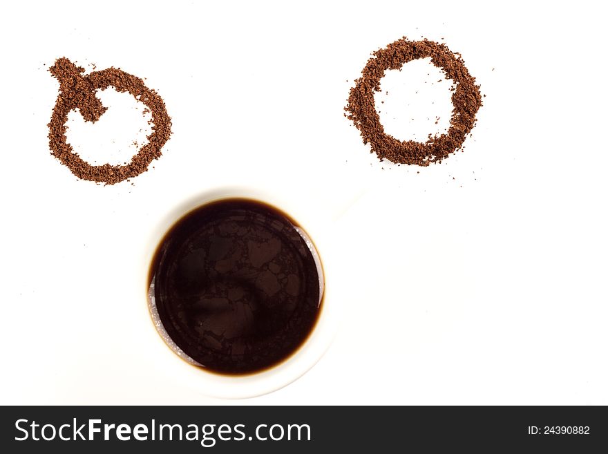 Concept with coffee eyes and one cup. Concept with coffee eyes and one cup