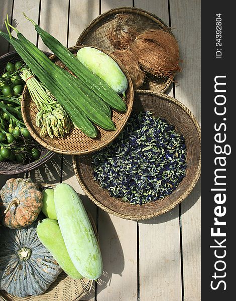 Raw food vegetables on market table