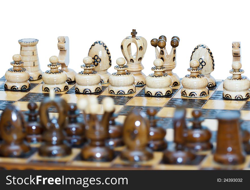 Chess board focus to white king and queen on white background