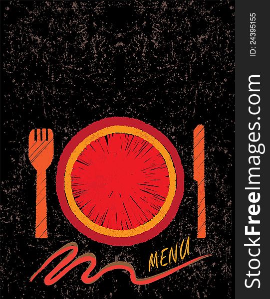 Hand drawn restaurant menu design concept showing a plate, fork and knife.
