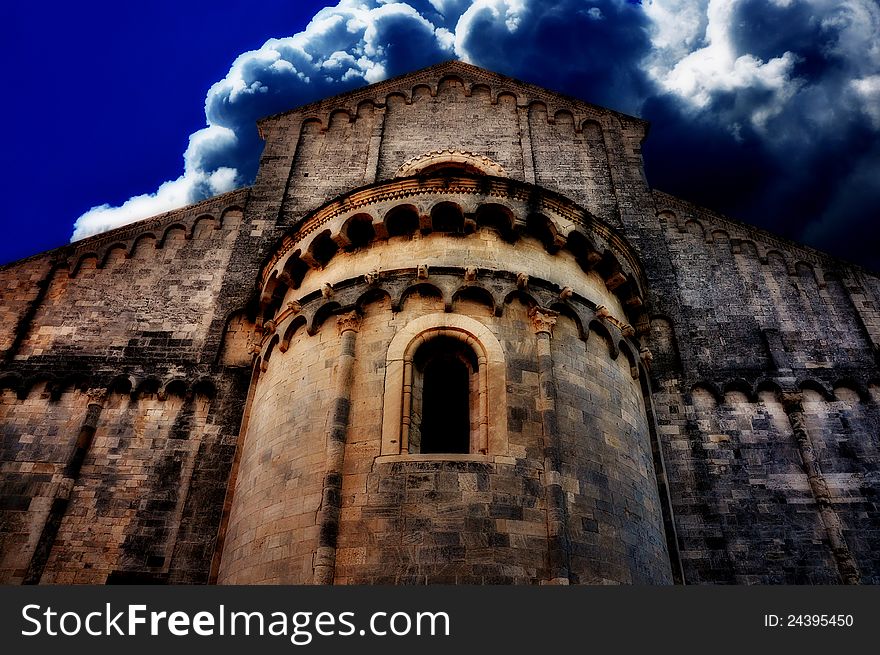 Ancient church view with dark clouds, matte painting. Ancient church view with dark clouds, matte painting