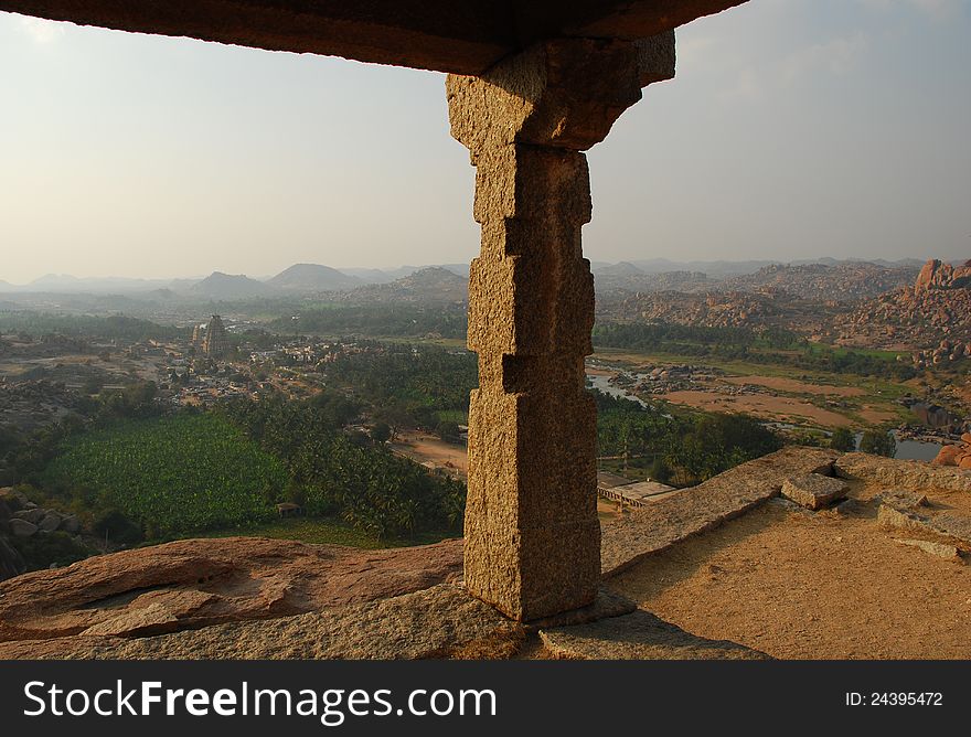 The ruins of Vijayanagar seen from a hill temple. Karnataka, India. The ruins of Vijayanagar seen from a hill temple. Karnataka, India