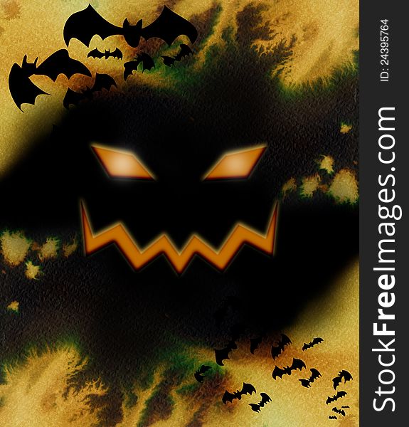 Orange pumpkin creepy face with flying bats, Halloween composition in black with orange splash of color.