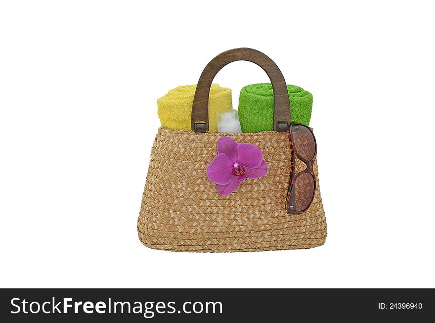 Flower beach bag with towels and sunglasses. Flower beach bag with towels and sunglasses