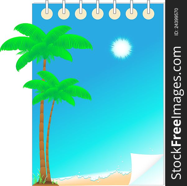 Blue background with notepad and nature landscape with palm, sun, beach and water. symbol resort