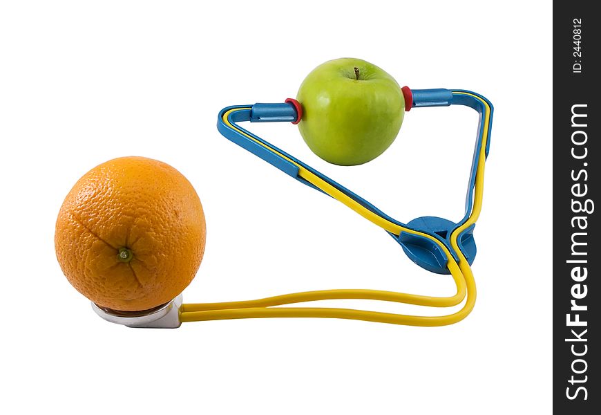 Photo of a apple wearing a stethoscope, checking an orange, isolated on white. Photo of a apple wearing a stethoscope, checking an orange, isolated on white