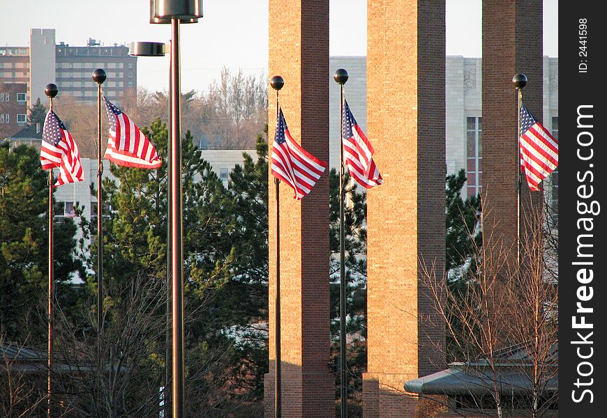 American Flags in the downtown Omaha breeze.