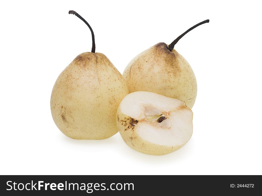 Three yellow chinese pears isolated on white background.