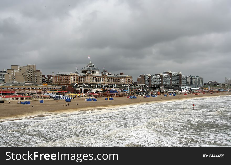 Dutch beach resort with famous hotel in rough weather. Dutch beach resort with famous hotel in rough weather