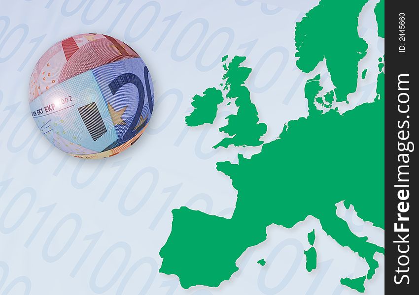 Illustration representing Europian on-line banking. Euro bank notes shaped as ball overlaid onto outline map of europe. Numbers overlaid onto sea areas. Illustration representing Europian on-line banking. Euro bank notes shaped as ball overlaid onto outline map of europe. Numbers overlaid onto sea areas.