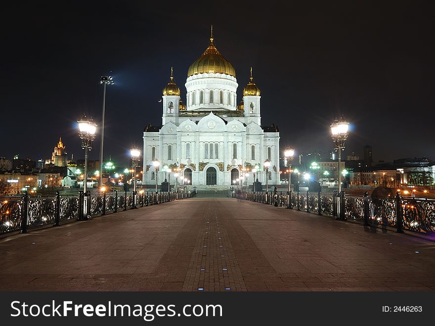 The rich church of Christ the Saviour in Moscow, shot from the above bridge. The rich church of Christ the Saviour in Moscow, shot from the above bridge.