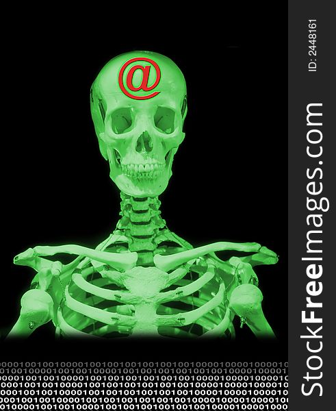 Close up a green skeleton with â€œ@â€ symbol in a dark ground for internet. Close up a green skeleton with â€œ@â€ symbol in a dark ground for internet