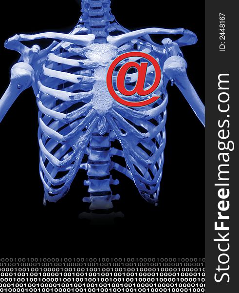 A blue skeleton with “@” symbol in a dark ground for internet. A blue skeleton with “@” symbol in a dark ground for internet