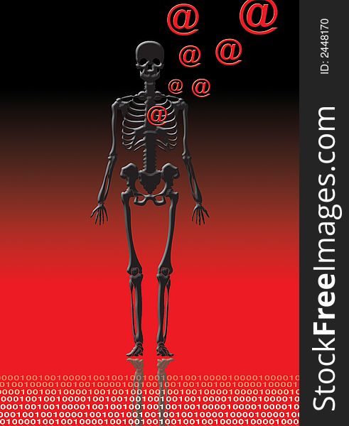 A skeleton with â€œ@â€ in red symbol in a dark ground for internet. A skeleton with â€œ@â€ in red symbol in a dark ground for internet