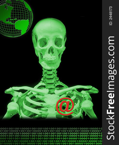 A skeleton with “@” symbol in a dark ground for internet in green. A skeleton with “@” symbol in a dark ground for internet in green