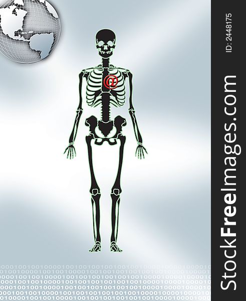 A skeleton with “@” symbol in a light gray ground for internet . A skeleton with “@” symbol in a light gray ground for internet