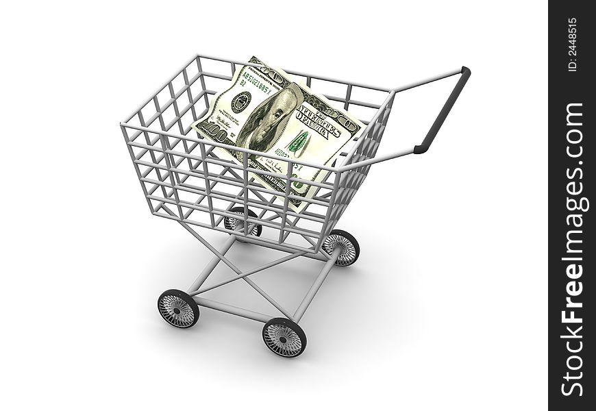Very beautiful three-dimensional illustration. Consumer's basket and dollar. 3d