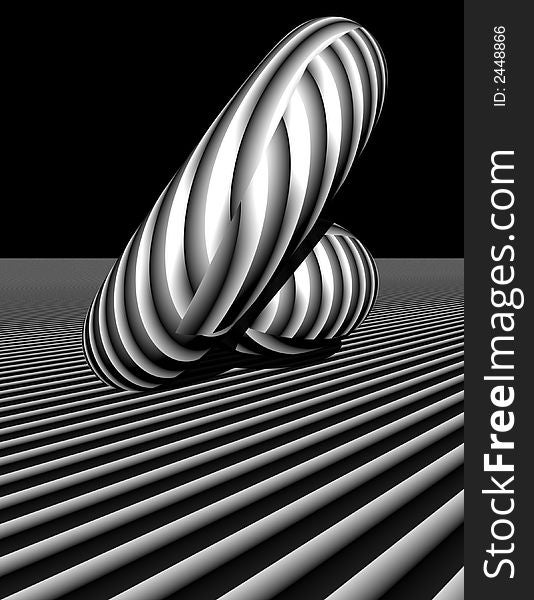 3d rendered image of primitive shapes in black and white stripes. 3d rendered image of primitive shapes in black and white stripes