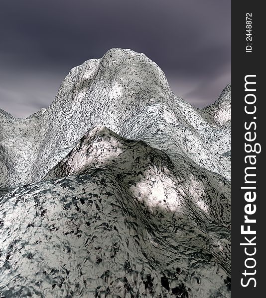 3d rendered image of snowy mountain peaks after a winter storm with gray sky. 3d rendered image of snowy mountain peaks after a winter storm with gray sky