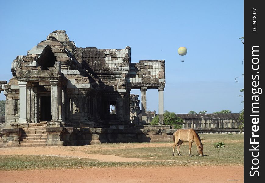 Photo of a pony eating grass beside the historical ruins of angkor wat...with hot air balloon floating on the sky behind. Photo of a pony eating grass beside the historical ruins of angkor wat...with hot air balloon floating on the sky behind.