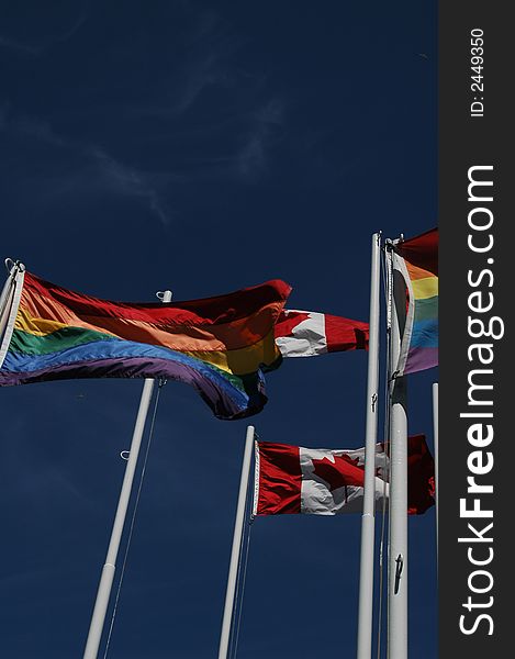 Canadian and gay pride flags fly together over English Bay, Vancouver, British Columbia, Canada. Canadian and gay pride flags fly together over English Bay, Vancouver, British Columbia, Canada