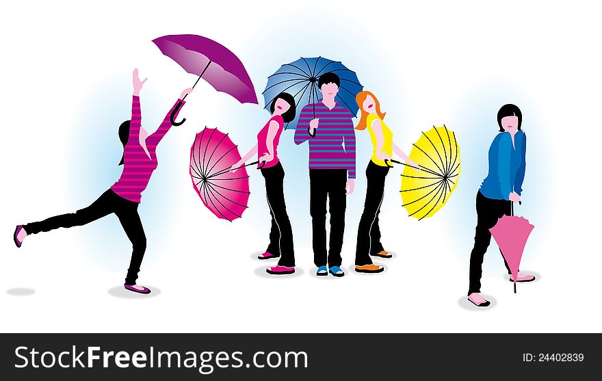 Teens with umbrellas in the color polomatoy clothes with umbrellas. Teens with umbrellas in the color polomatoy clothes with umbrellas