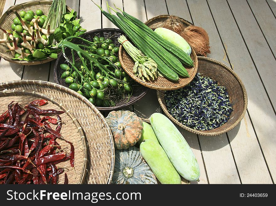 Raw food vegetables on market table