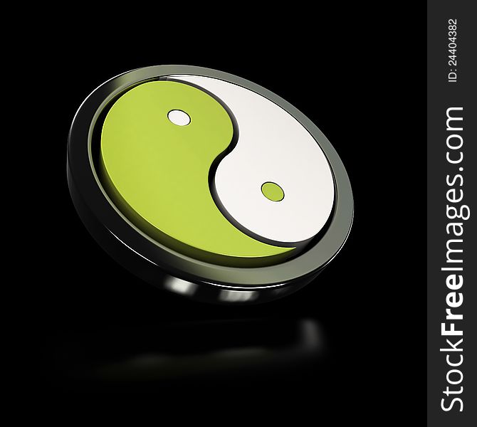 Green and white yin yang symbol over black background with reflection