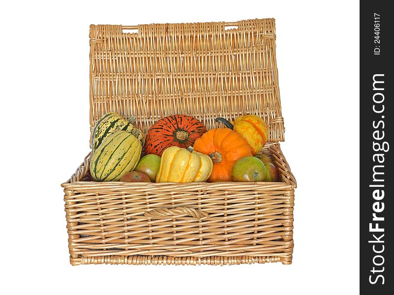 Basket Hamper filled with various squash and apples. Basket Hamper filled with various squash and apples