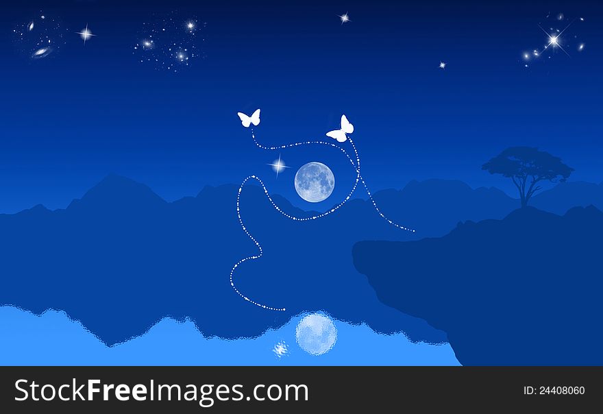 Graphic of a lake and mountains at night with two butterflies. can be used as a skin or background, sleeve artwork or cover. Graphic of a lake and mountains at night with two butterflies. can be used as a skin or background, sleeve artwork or cover.