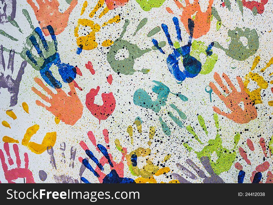 Colorful Random Hand Print On White Background