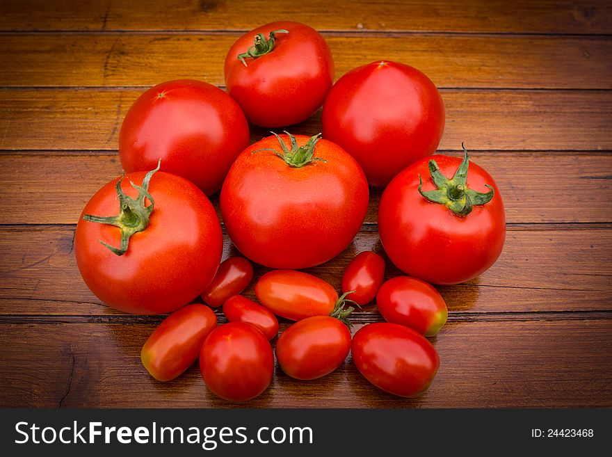 Ripe, tasty, juicy tomatoes on the table