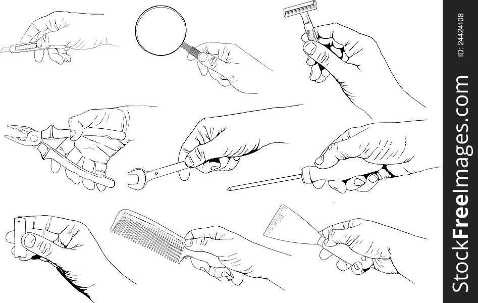 Set of nine hands holding differents tools. Set of nine hands holding differents tools.