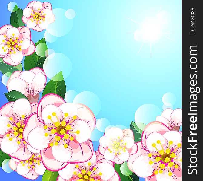 Floral background with apple blossom and blue sky